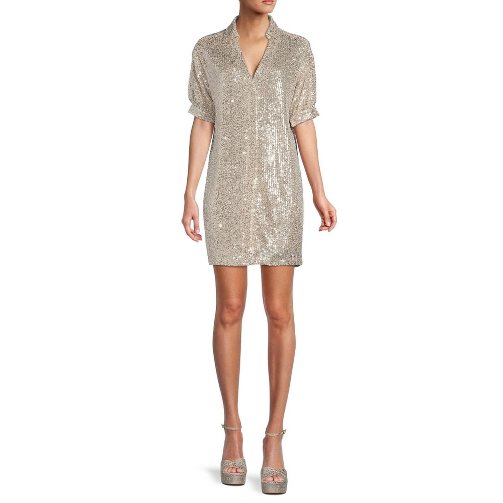 Sequin Mini Dress in Champagne - V-Neck Shift